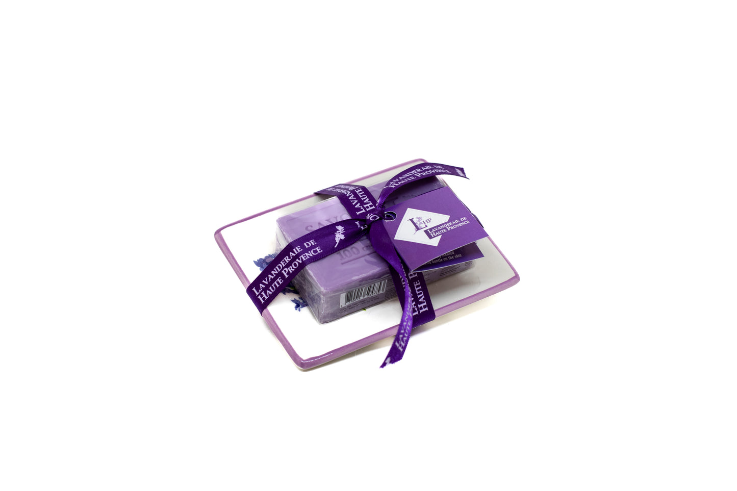 Porta sapone in ceramica e sapone alla lavanda