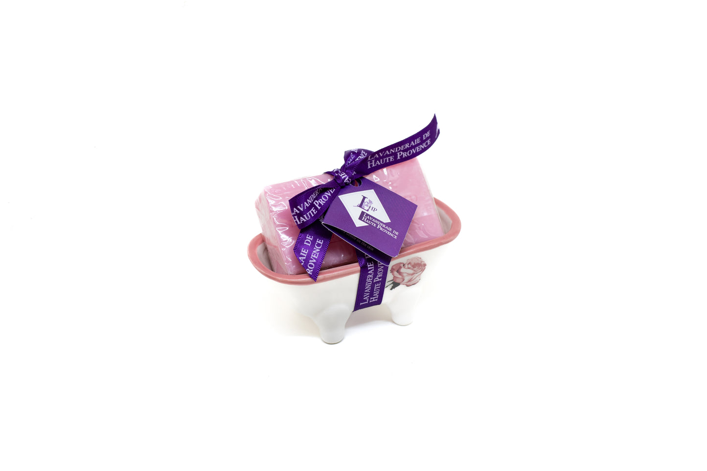 Porta sapone "mini vasca da bagno" in ceramica e sapone alla rosa