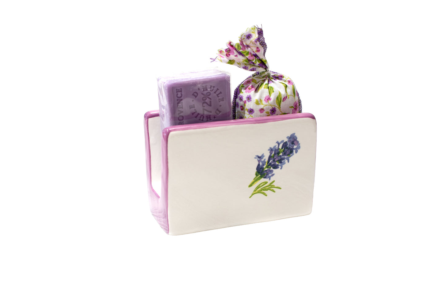 Porta spugna in ceramica con sapone e sacchettino alla lavanda
