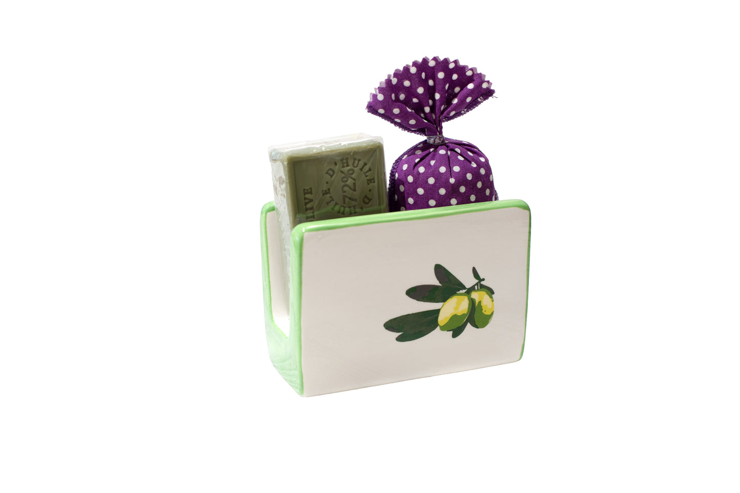 Porta spugna in ceramica con sapone all'oliva e sacchettino alla lavanda