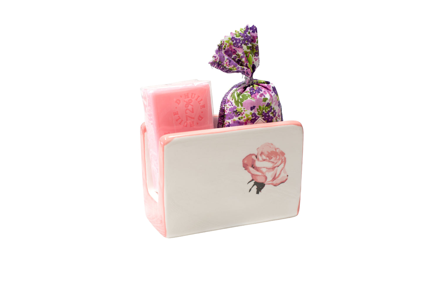 Porta spugna in ceramica con sapone alla rosa e sacchettino alla lavanda