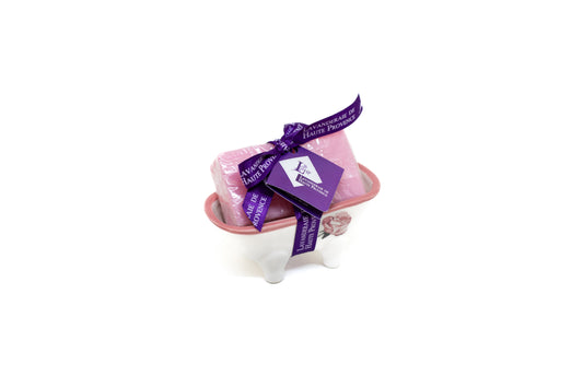 Porta sapone "mini vasca da bagno" in ceramica e sapone alla rosa