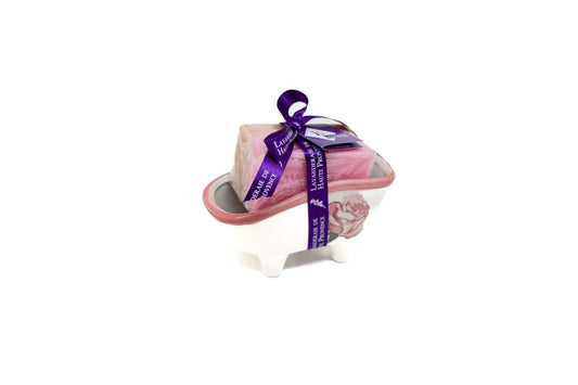 Porta sapone "vasca da bagno" in ceramica e due saponi alla rosa