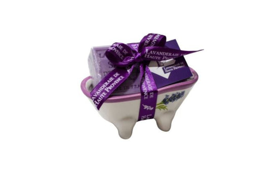 Porta sapone "mini vasca da bagno" in ceramica e sapone alla lavanda