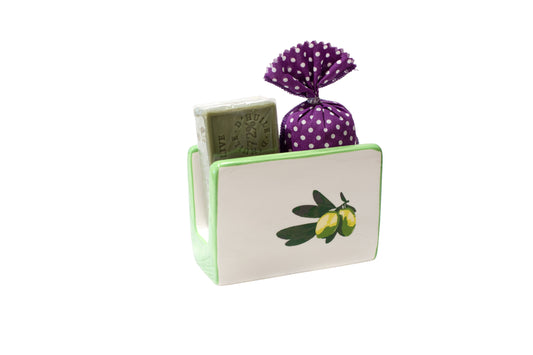 Porta spugna in ceramica con sapone all'oliva e sacchettino alla lavanda
